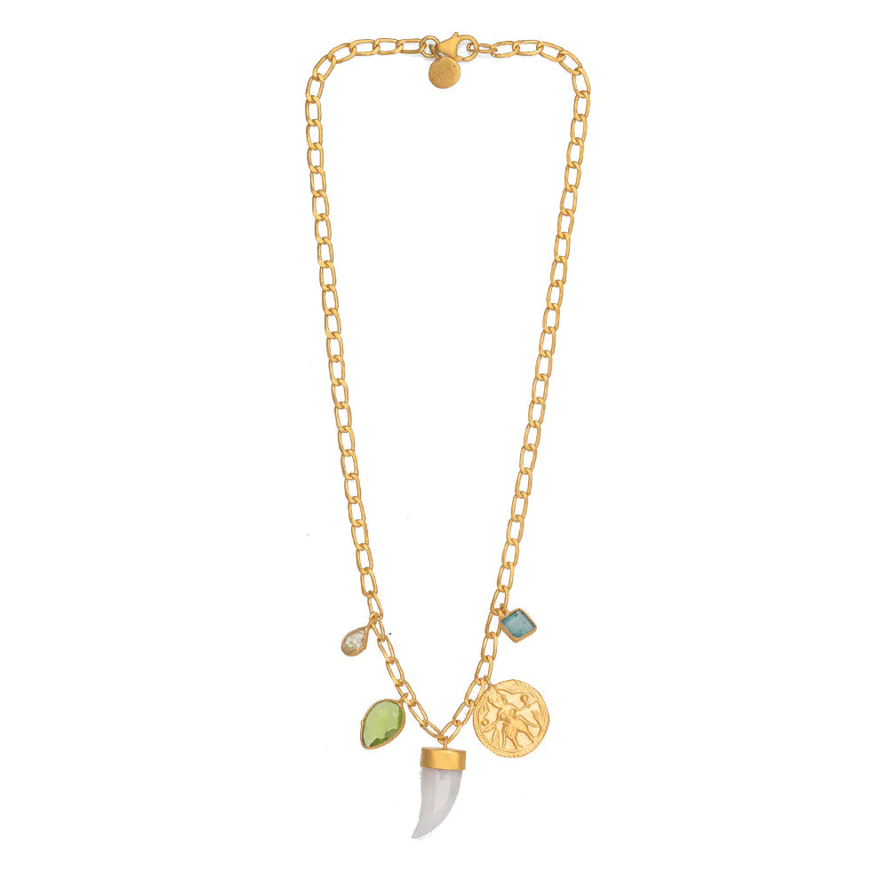 Rubyteva White Agate horn link necklace with Apatite, Peridot & Quartz charms